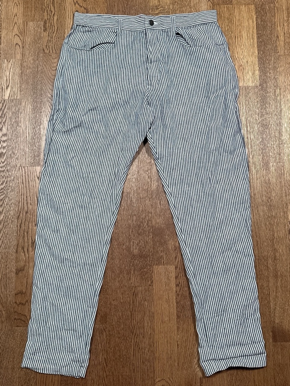 Alex Crane Linen Striped Gray White Tapered Khaki Pants Mens 33
